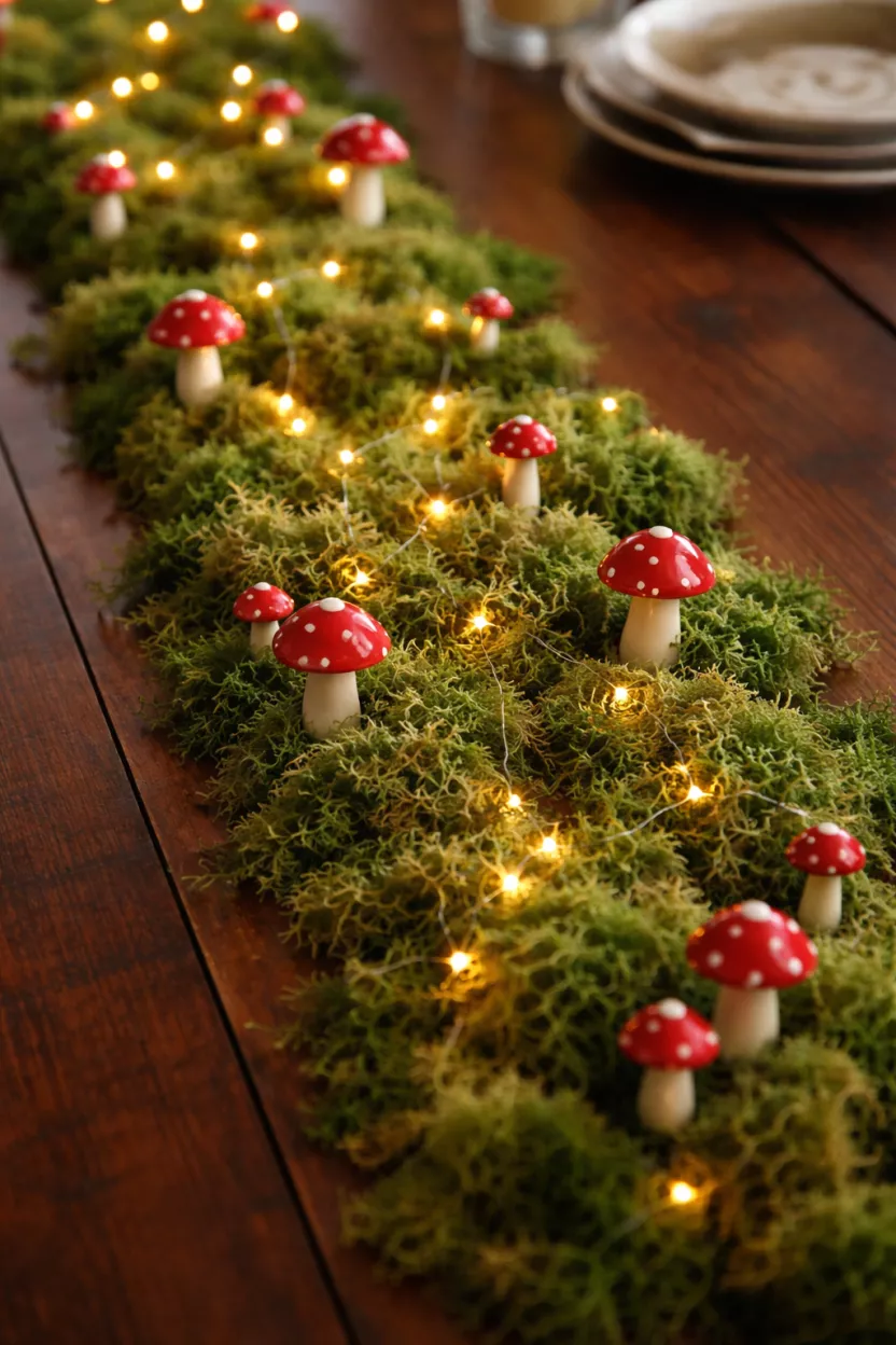 A realistic photo of a whimsical table runner made of green preserved moss, decorated with small ceramic red mushrooms and tiny white fairy lights weaving through the greenery on a dark wood surface.