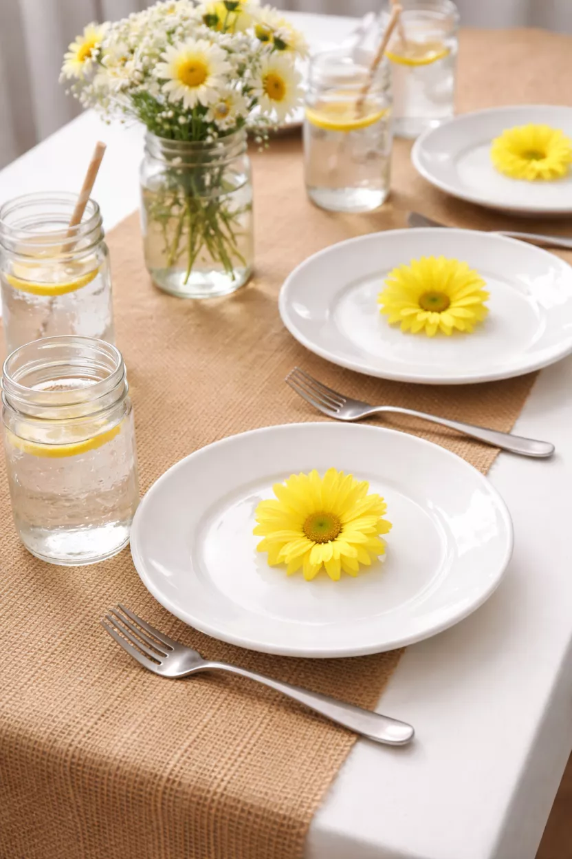 A realistic photo of a burlap table runner on a white table, white ceramic plates with a single yellow daisy on each, and mason jars used as drinking glasses.