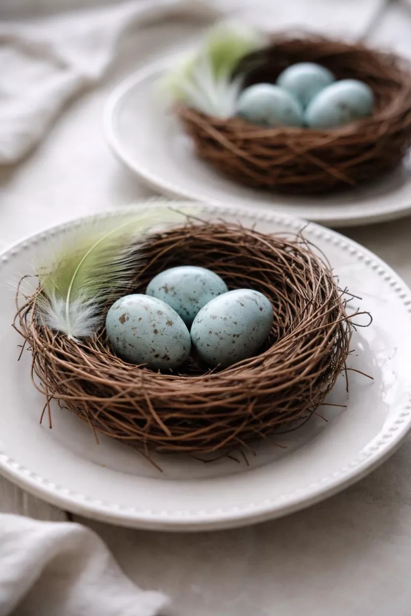 A realistic photo of decorative brown grapevine bird nests sitting on white plates, containing small blue speckled faux eggs and a single green feather on each plate.