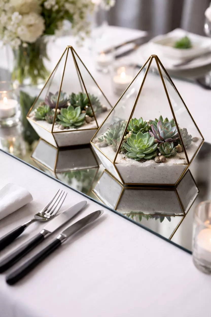 A realistic photo of geometric glass terrariums filled with small succulents and white sand, sitting on a mirror runner with black handled silverware.