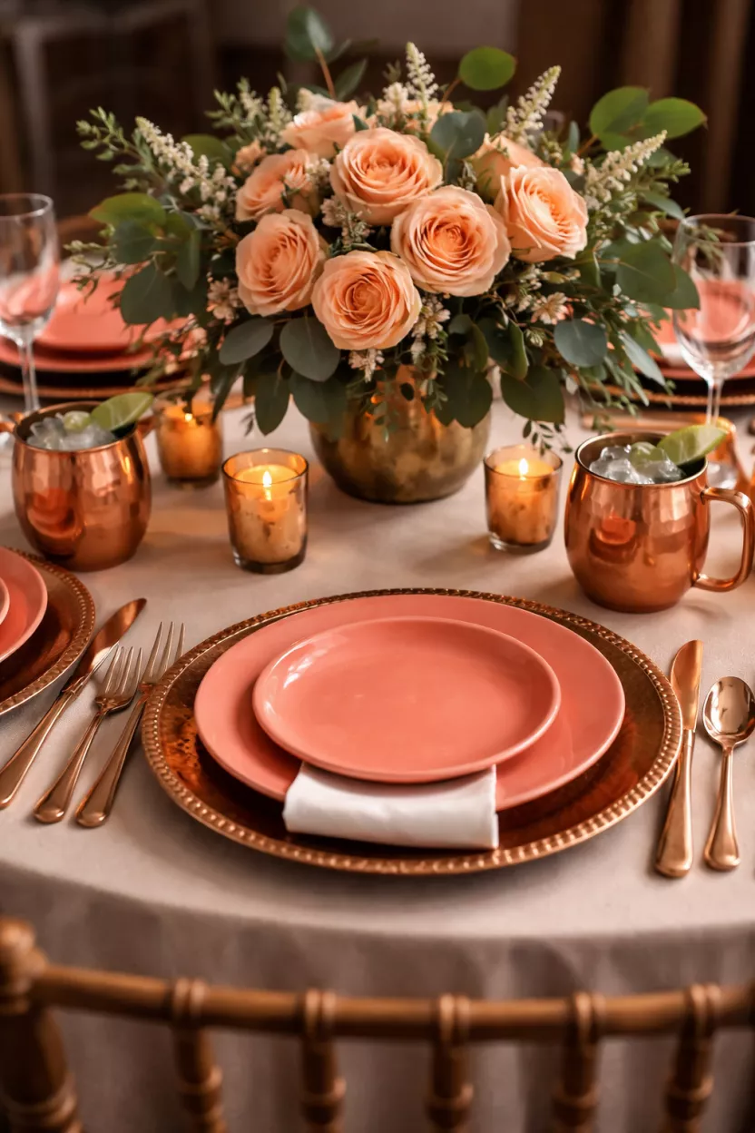 A realistic photo of copper charger plates used with coral colored dinner plates, copper mugs for drinks, and a centerpiece of peach roses and dark green eucalyptus leaves.