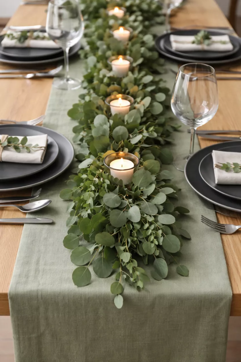 A realistic photo of a sage green table runner, matte charcoal grey plates, and a thick garland of fresh green eucalyptus leaves running down the center with white tea lights.
