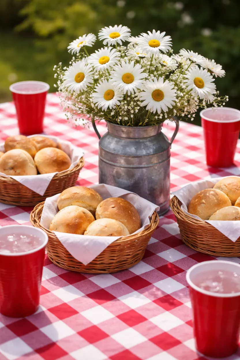 A realistic photo of a red and white gingham tablecloth, small wicker baskets used to hold bread rolls, red plastic cups, and a bunch of daisies in a metal milk jug.
