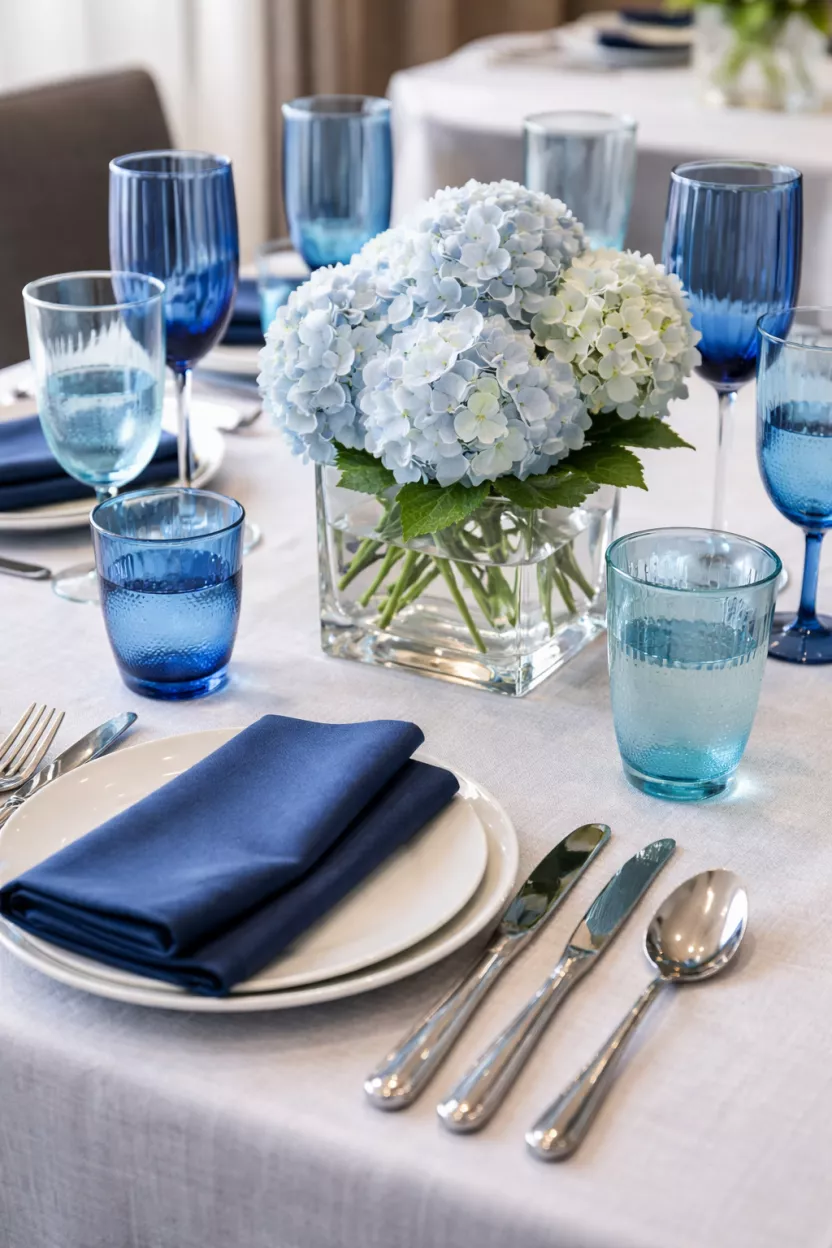 A realistic photo of a contemporary table with various shades of blue glassware, navy blue cloth napkins, silver cutlery, and light blue hydrangeas in a clear square glass vase.