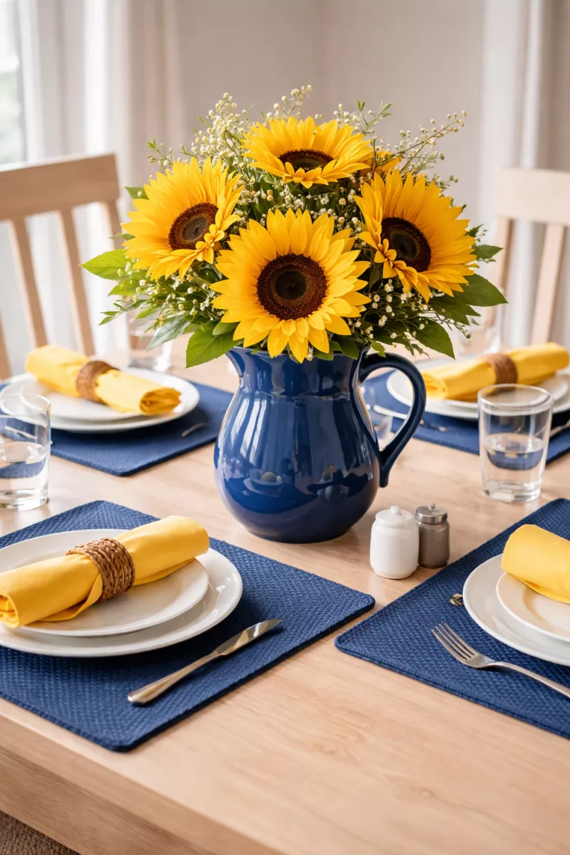 A realistic photo of a bright yellow sunflower centerpiece in a blue glazed ceramic pitcher, featuring yellow cloth napkins and navy blue placemats on a light wood table.