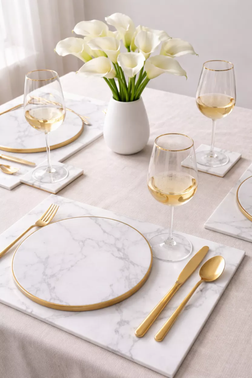 A realistic photo of white marble coasters and place mats, gold rimmed wine glasses, thin gold cutlery, and a simple vase of white calla lilies.