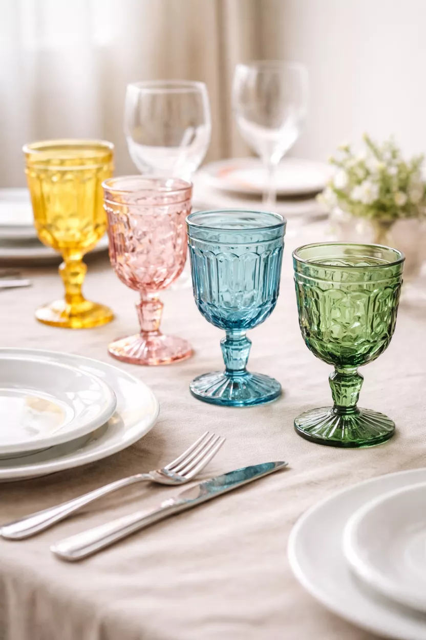A realistic photo of various mismatched vintage colored glass goblets in yellow, pink, blue, and green arranged in a row with simple white plates and clear glass silverware.