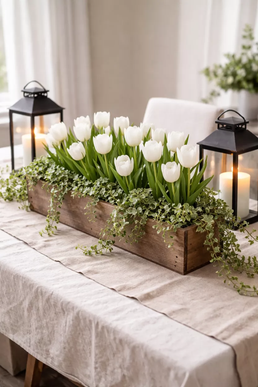 A realistic photo of a long wooden planter box filled with white tulips and green ivy sitting in the middle of a linen draped table with black metal candle lanterns.