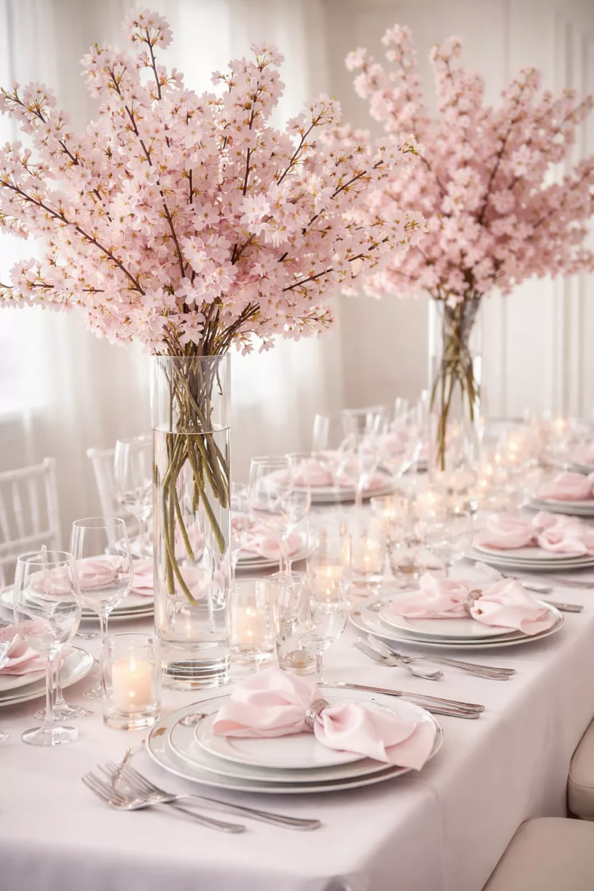 A realistic photo of tall glass vases filled with pink cherry blossom branches, pink silk napkins, and delicate white china with silver edges.