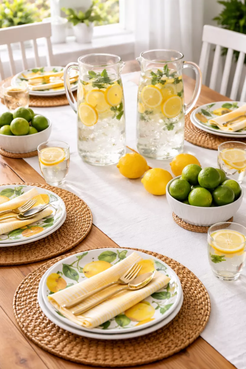 A realistic photo of a bright dining setting with a white cotton runner, glass pitchers filled with lemon slices and water, yellow citrus patterned plates, and small bowls of fresh whole limes.