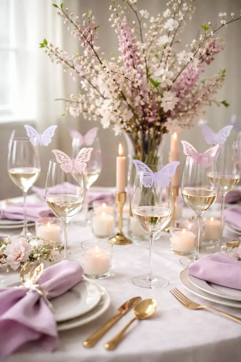 A realistic photo of a table decorated with delicate paper butterflies clipped to the rims of wine glasses, pastel purple napkins, and a centerpiece of tall flowering branches.