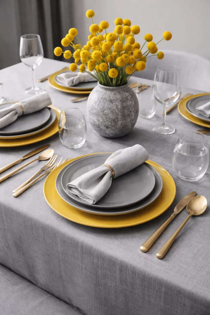 A realistic photo of a grey tablecloth with bright yellow chargers, grey ceramic plates, and a centerpiece of yellow billy ball flowers in a grey stone vase.