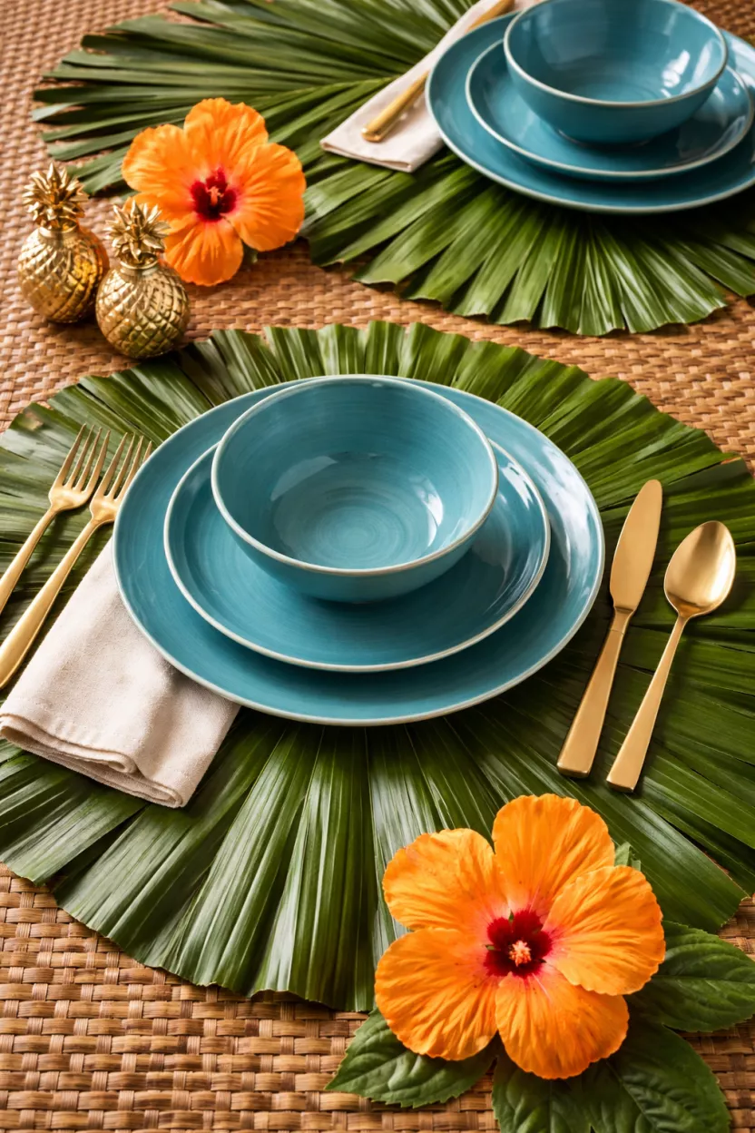 A realistic photo of large green palm leaves used as placemats, teal colored dinnerware, gold pineapple shaped salt and pepper shakers, and bright orange hibiscus flowers.