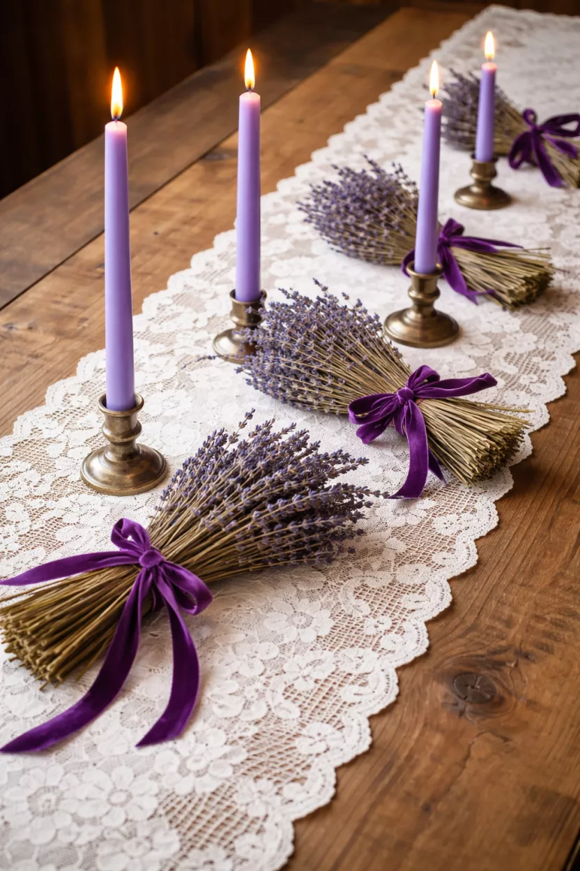 A realistic photo of a white lace table runner over a natural wood table, featuring bundles of dried purple lavender tied with purple velvet ribbon and tall thin violet candles.