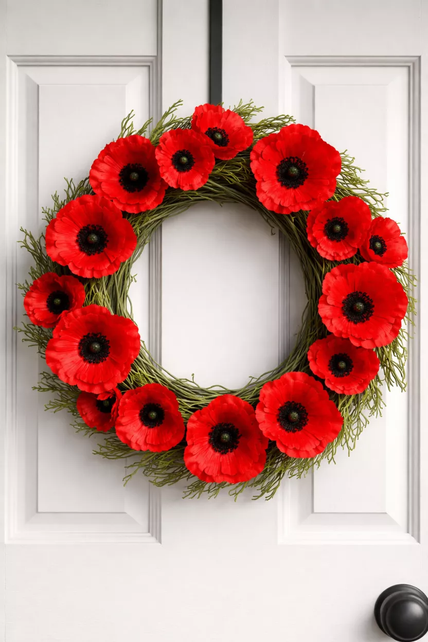 A realistic photo of a circular wreath made of bright red poppies and black centers, with long green stems twisted into the base, on a white front door.