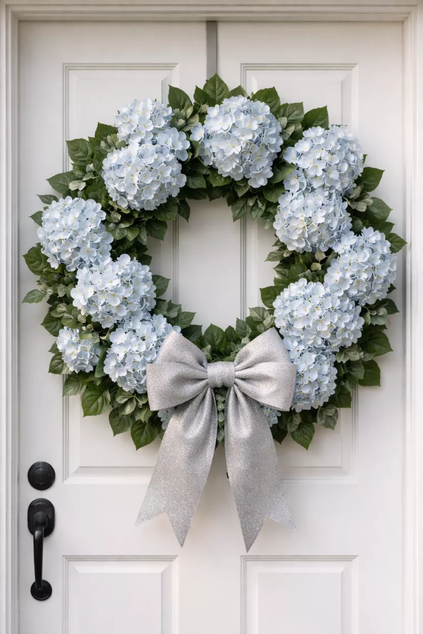 A realistic photo of a large wreath overflowing with light blue hydrangeas and dark green leaves, a shimmering silver bow attracts attention at the bottom, hanging on a white colonial style door.