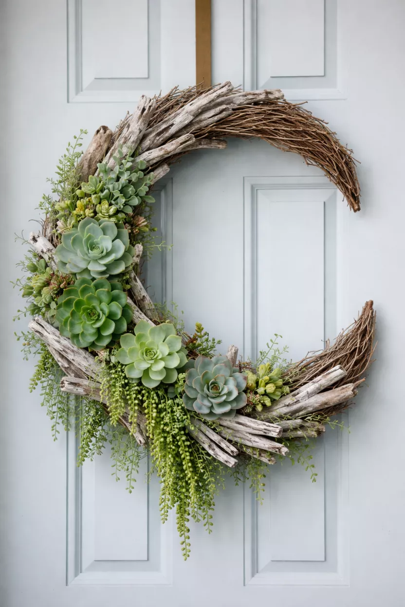 A realistic photo of a crescent shaped wreath featuring pieces of grey driftwood and green succulents on a grapevine base, hanging on a light blue door.