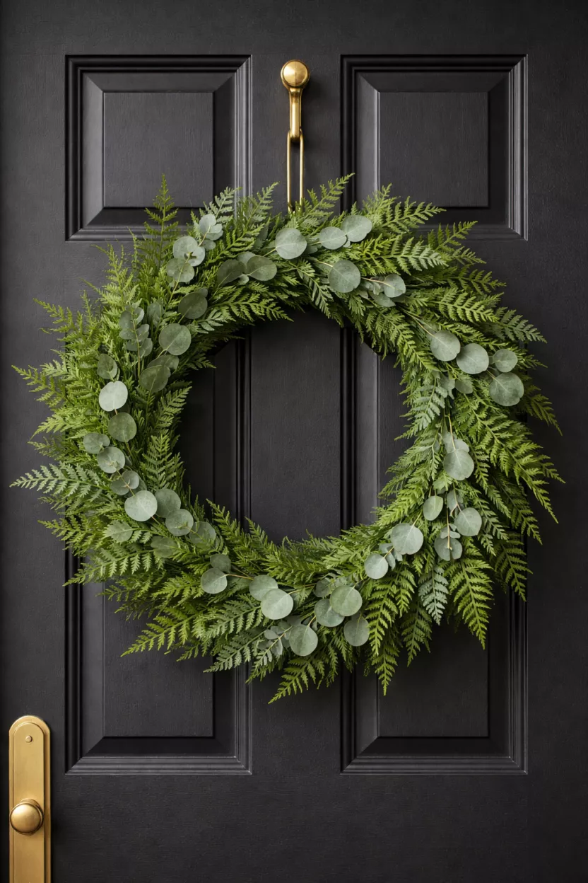 A realistic photo of a simple wreath made of mixed green ferns and silver dollar eucalyptus leaves, no flowers, hanging on a black door with a gold hook.