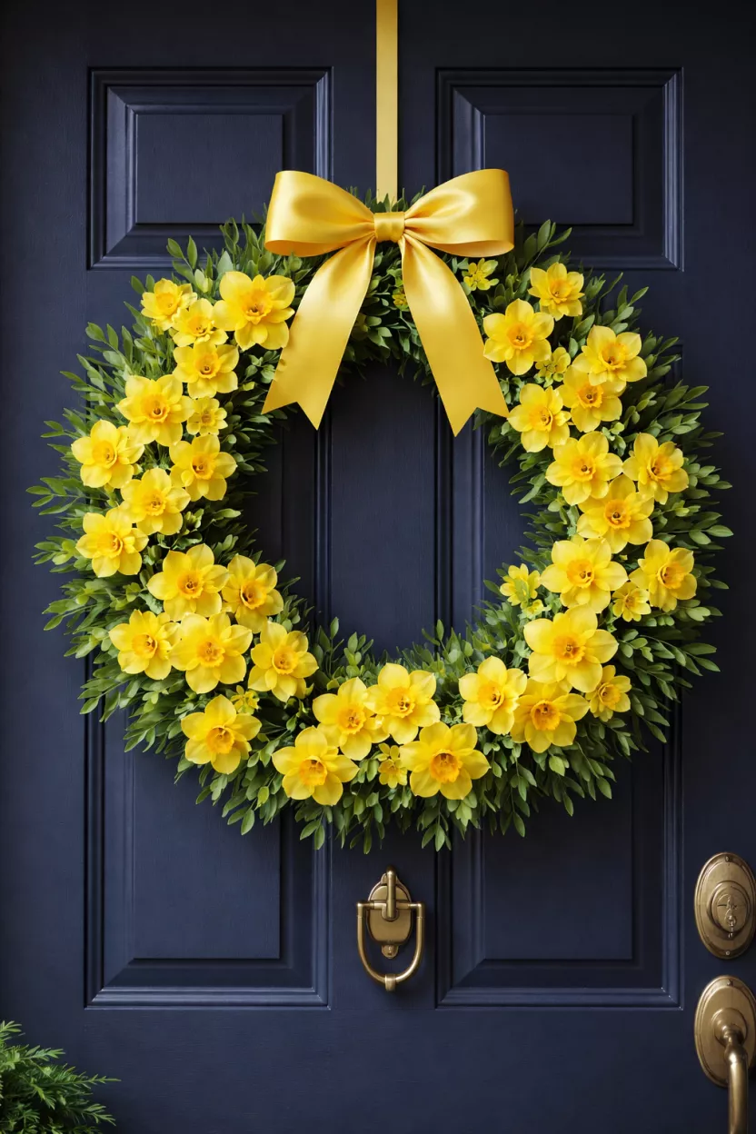 A realistic photo of a vibrant wreath made of bright yellow daffodils with green leaves, a yellow ribbon bow at the top, hanging on a navy blue front door.