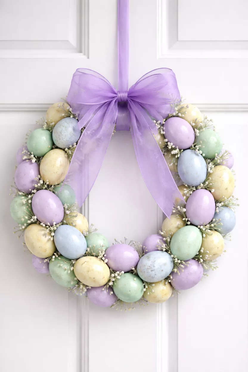 A realistic photo of a wreath made entirely of multicolored pastel easter eggs in shades of mint, lilac, and pale yellow, tied with a sheer purple organza ribbon, hanging on a white door.