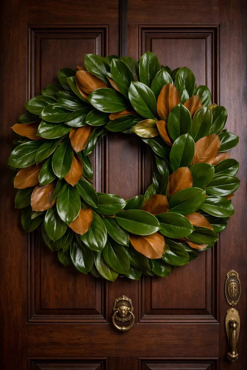 A realistic photo of a large wreath made of shiny waxy green magnolia leaves with their brown velvety undersides showing, hanging on a dark walnut wood door.