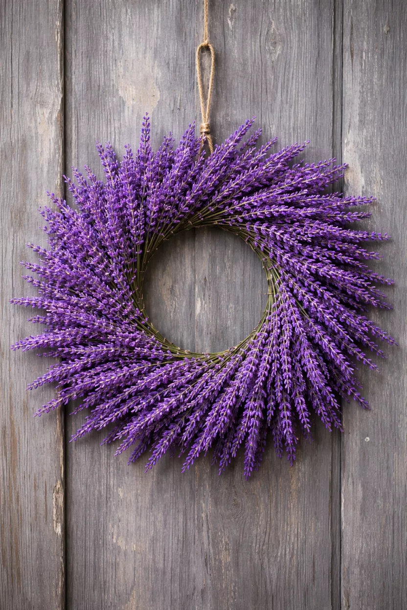 A realistic photo of a thick wreath consisting only of purple lavender stems arranged in a sunburst pattern, a simple twine loop for hanging, on a weathered grey wood door.