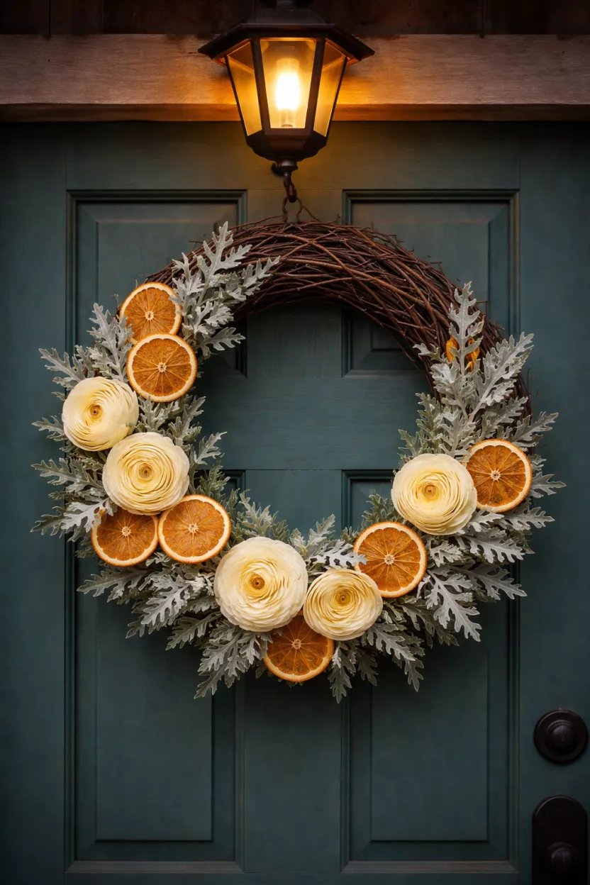 A realistic photo of a dark brown grapevine wreath base decorated with sliced dried orange slices, cream colored ranunculus flowers, and dusty miller foliage, hanging on a rustic teal front door under a porch light.