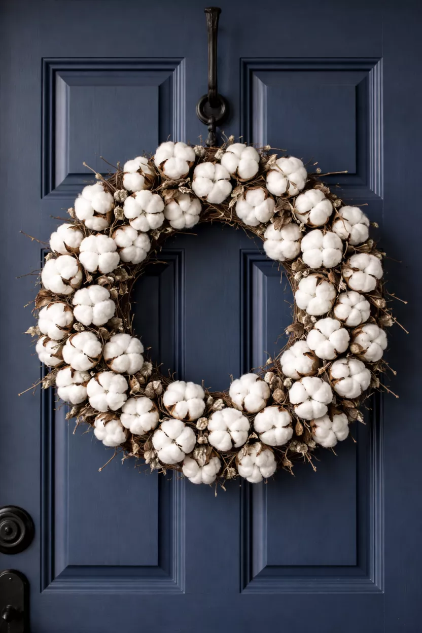 A realistic photo of a dark wood wreath base covered in white fluffy cotton bolls and small dried twigs, hanging on a navy blue front door with a black iron hook.