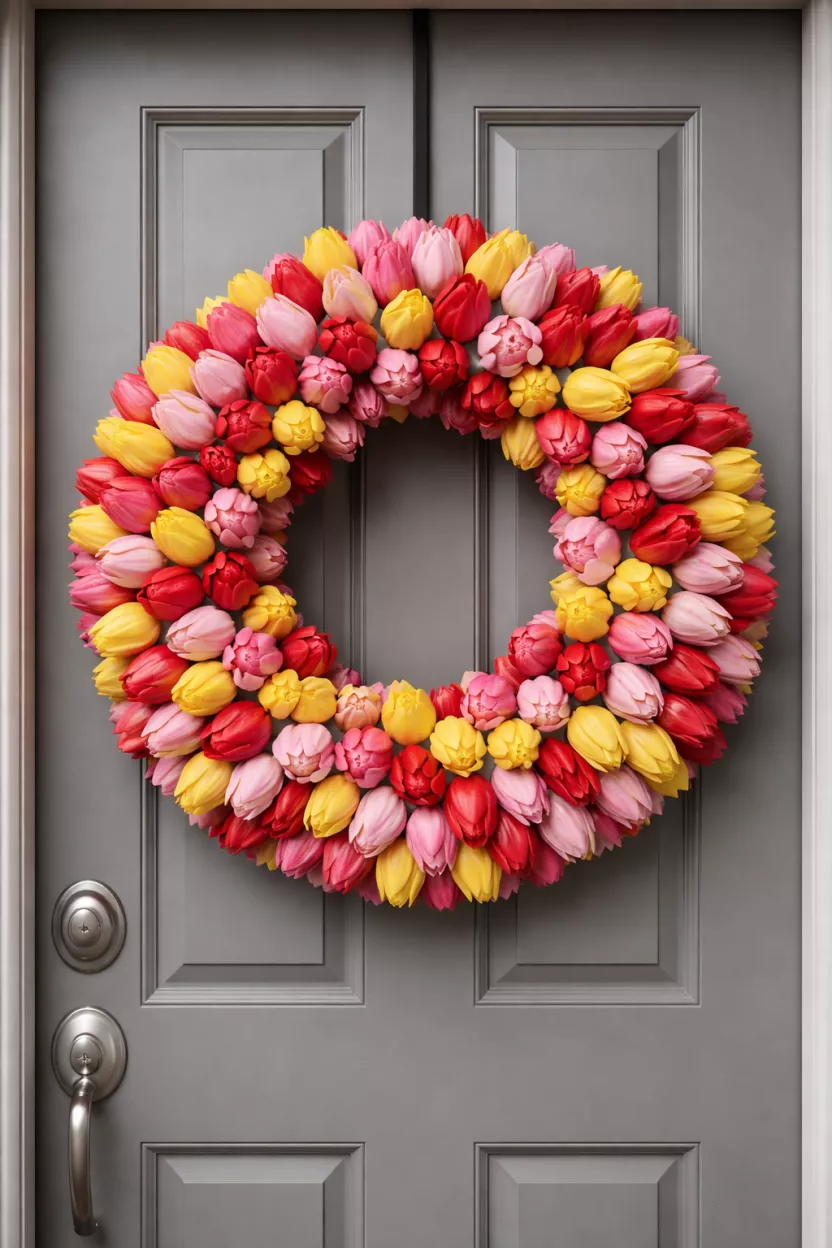A realistic photo of a dense circular wreath made entirely of pink, yellow, and red tulips packed tightly together, no leaves visible, hanging on a grey front door during a cloudy afternoon.