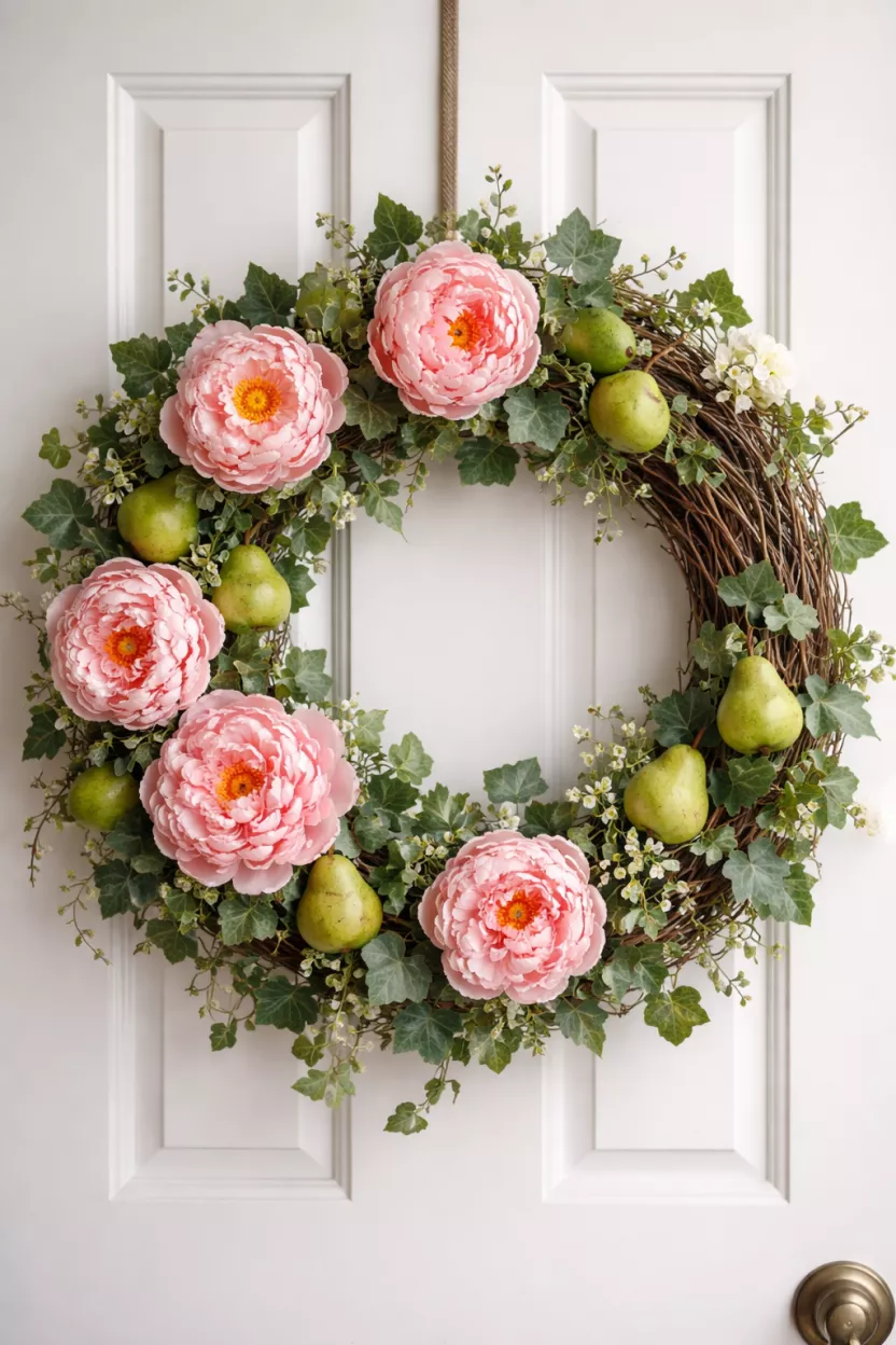 A realistic photo of a grapevine wreath featuring large pink peonies and small green decorative pears, mixed with dark green ivy vines, hanging on a white door.