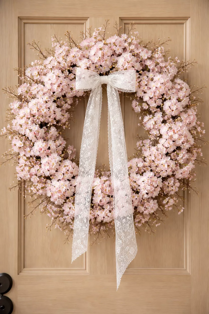 A realistic photo of a large wreath overflowing with light pink cherry blossoms and thin brown branches, a white lace ribbon hangs from the center, on a light wood door.