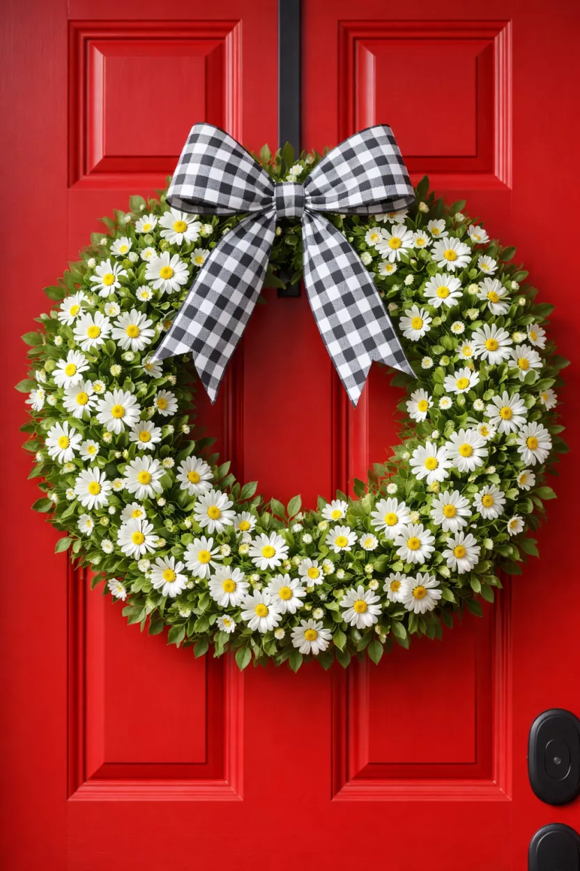 A realistic photo of a wreath covered in small white daisies and green leaves, featuring a black and white gingham checkered ribbon bow, hanging on a bright red door.