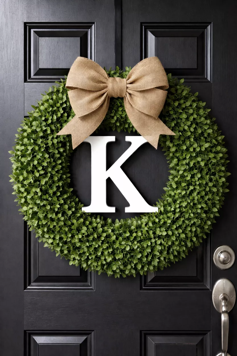 A realistic photo of a thick round green boxwood wreath featuring a large white wooden letter K in the center, a burlap bow sits at the top, hanging on a black front door with silver hardware.