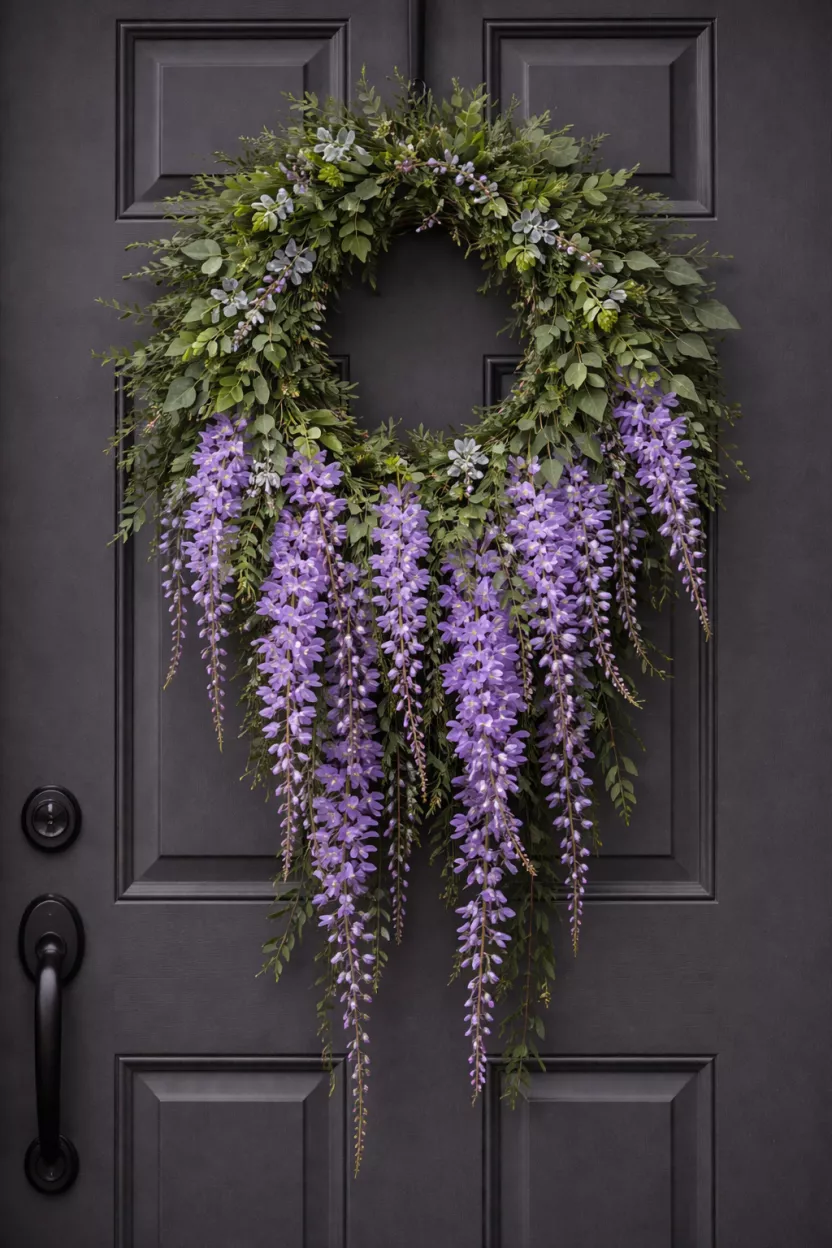 A realistic photo of a wreath with long purple wisteria vines hanging down from the bottom, mixed with green foliage, hanging on a dark grey door.
