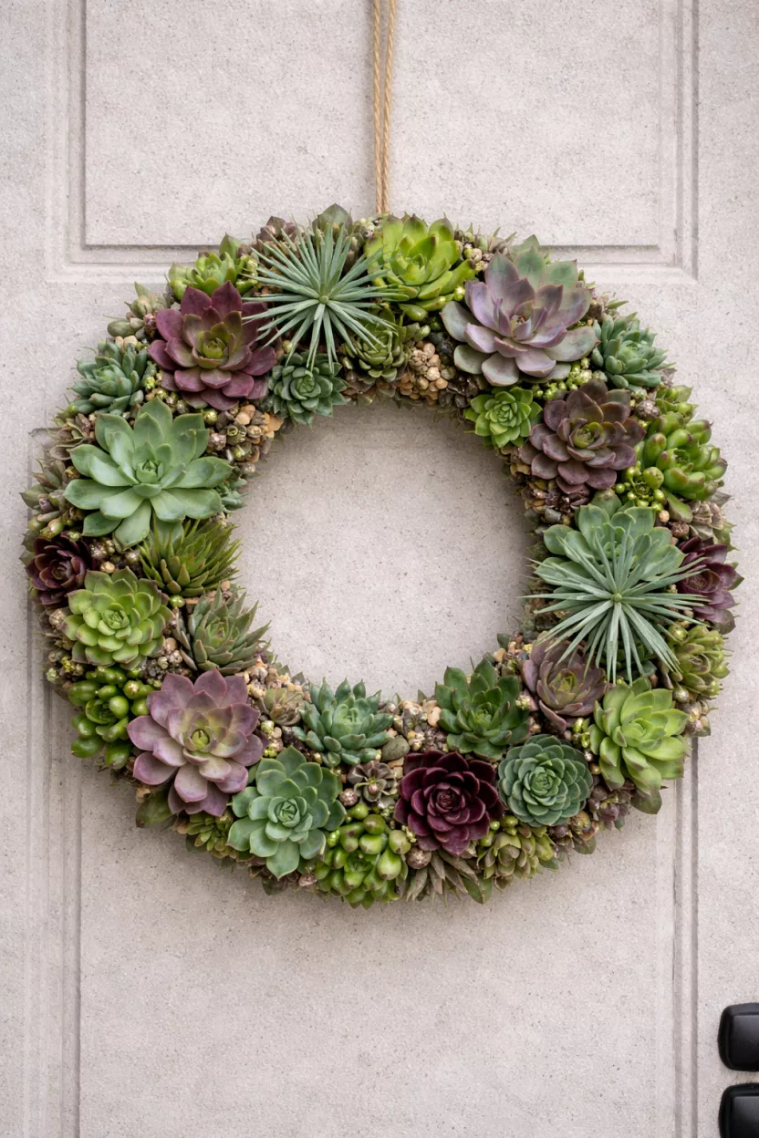 A realistic photo of a round wreath covered in various green and purple artificial succulents and air plants, with small pebbles glued in the gaps, hanging on a light grey stone wall door.