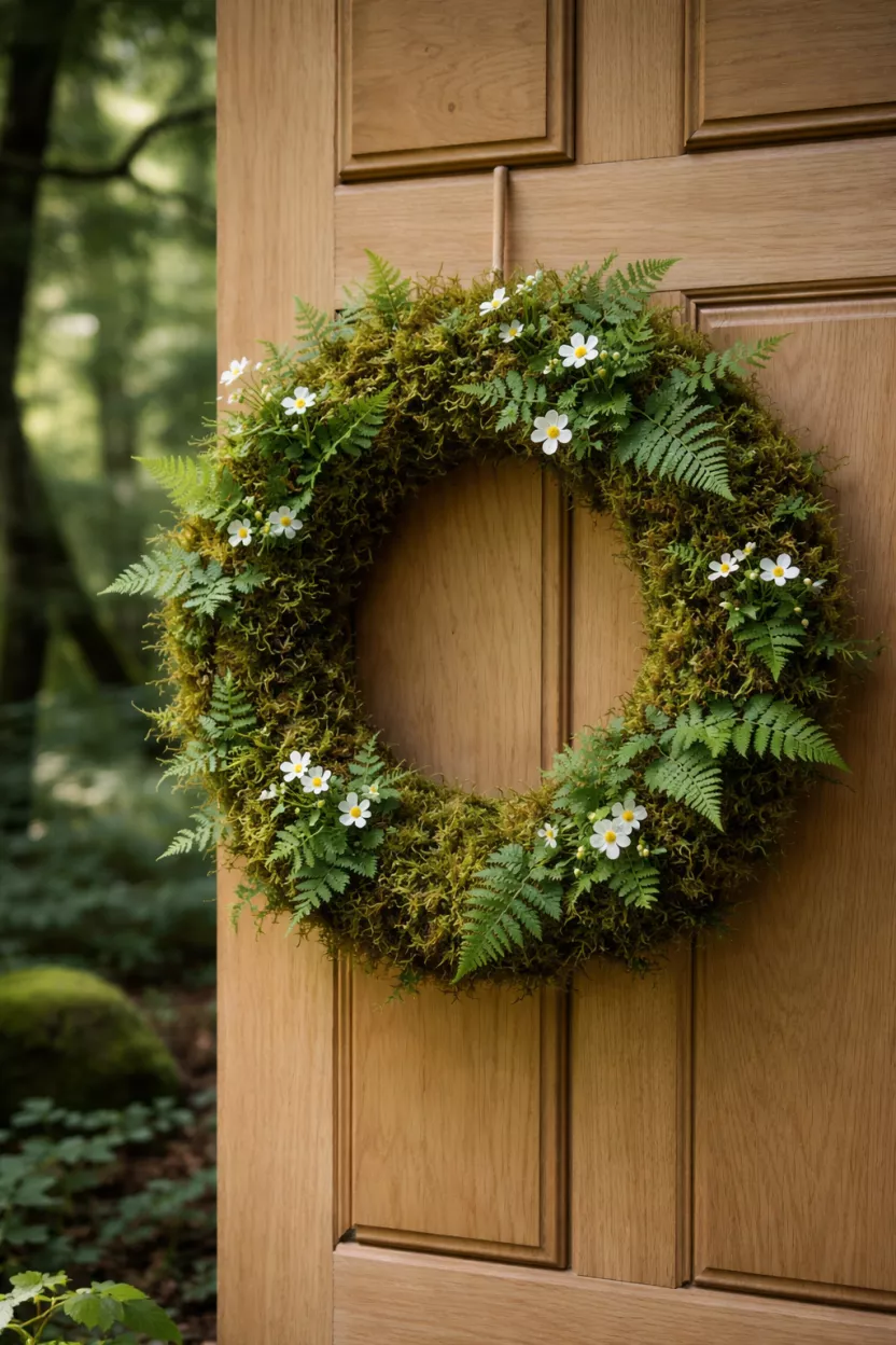 A realistic photo of a thick moss covered wreath base with ferns and small white forest flowers growing out of it, hanging on a light oak door in a shaded forest setting.