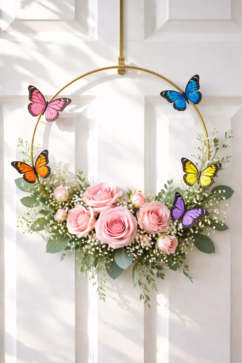 A realistic photo of a gold metal hoop wreath with pink roses and various colorful decorative butterflies perched on the wires, hanging on a white door in bright sunlight.