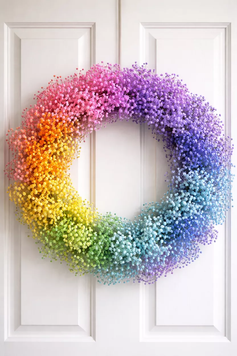 A realistic photo of a full wreath made from dyed baby's breath in a rainbow gradient of pink, orange, yellow, green, blue, and purple, on a white door.