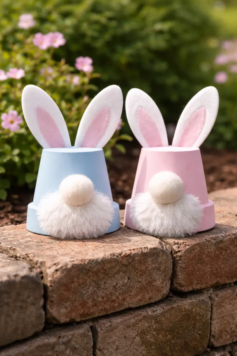 A realistic photo of two small terracotta pots painted light blue and pink, turned upside down with white felt bunny ears and large fuzzy white gnome noses, sitting on a brick garden wall.