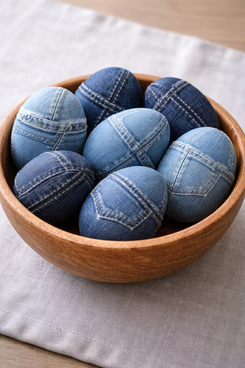 A realistic photo of several eggs covered in various shades of blue denim fabric with white stitching details, sitting in a natural wooden bowl on a light gray tablecloth.