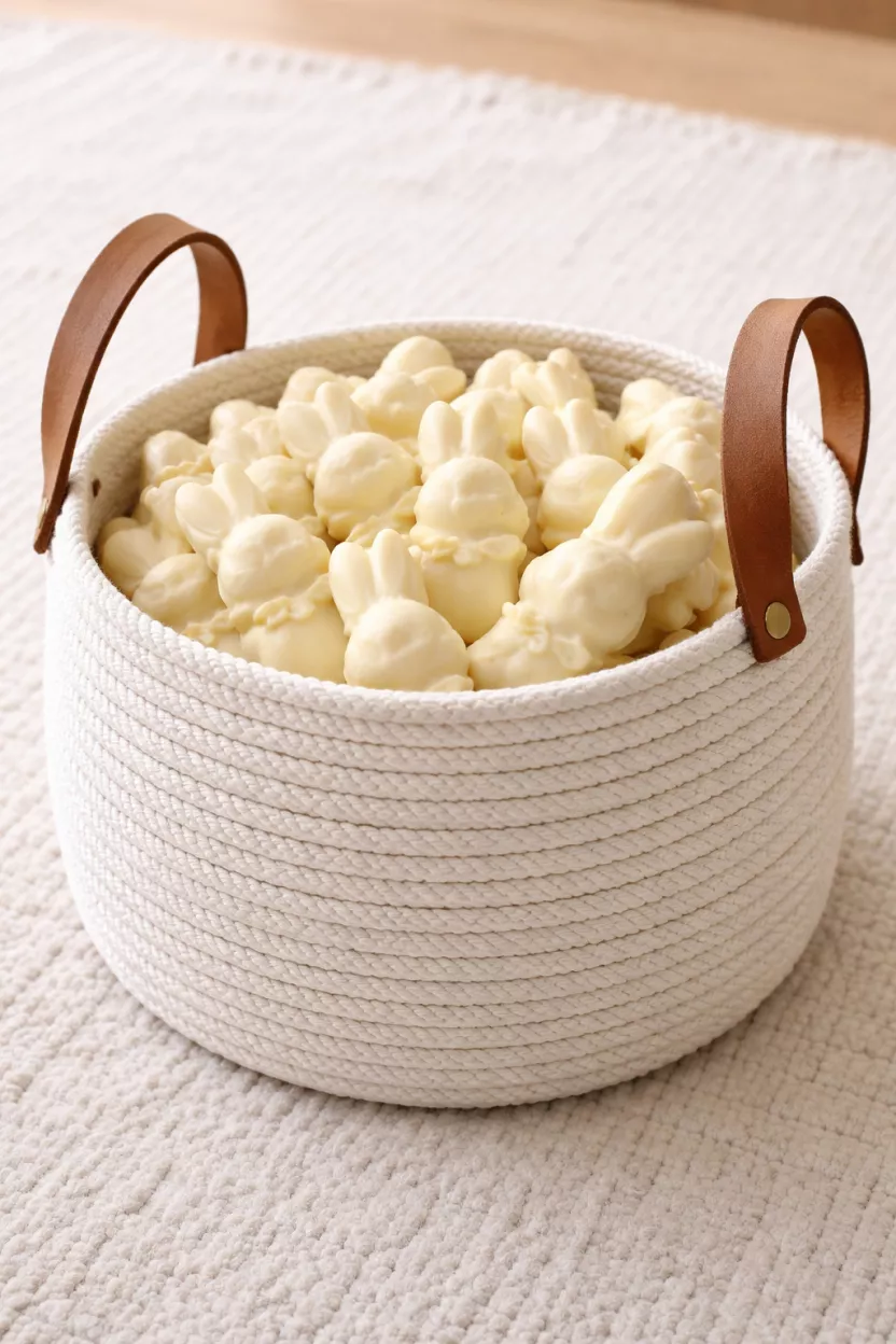 A realistic photo of a circular basket completely covered in coiled white cotton rope, featuring two large tan leather loop handles, sitting on a light colored rug filled with white chocolate bunnies.