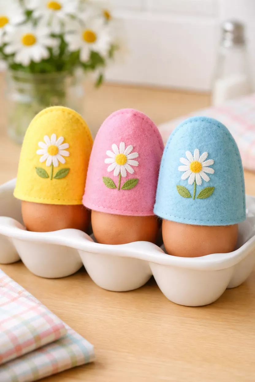 A realistic photo of three colorful felt egg cozies with simple embroidered white daisy patterns, sitting on top of hard boiled eggs in a white ceramic egg tray.