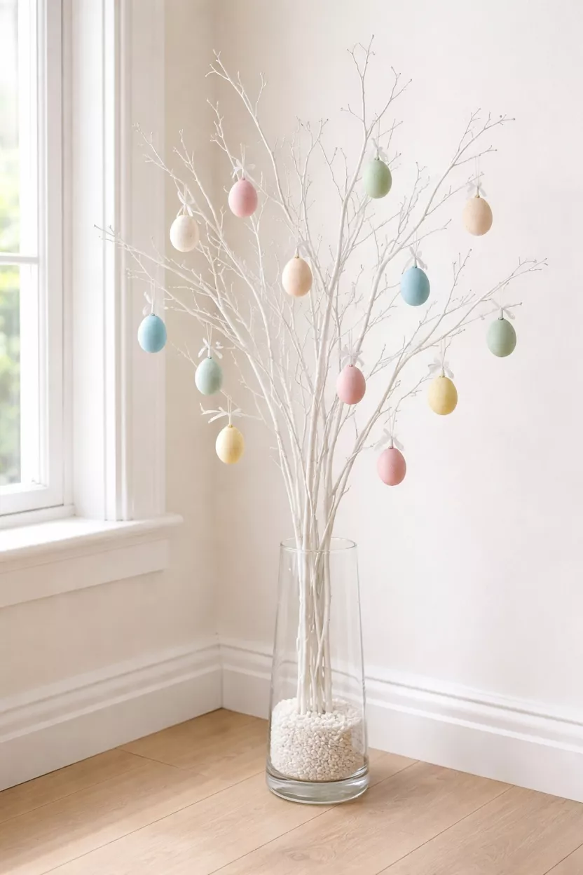 A realistic photo of a tall white painted branch standing in a glass vase, decorated with small pastel-colored eggs hanging from thin silver threads, positioned in the corner of a bright room.