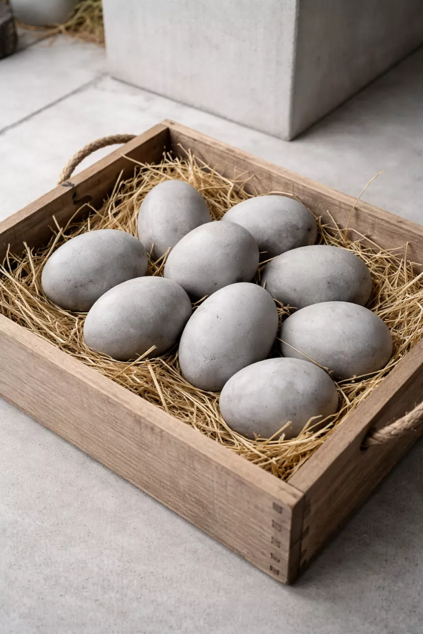 A realistic photo of several heavy gray concrete eggs with smooth surfaces, arranged on a bed of dry straw inside a wooden crate on a minimalist concrete porch.