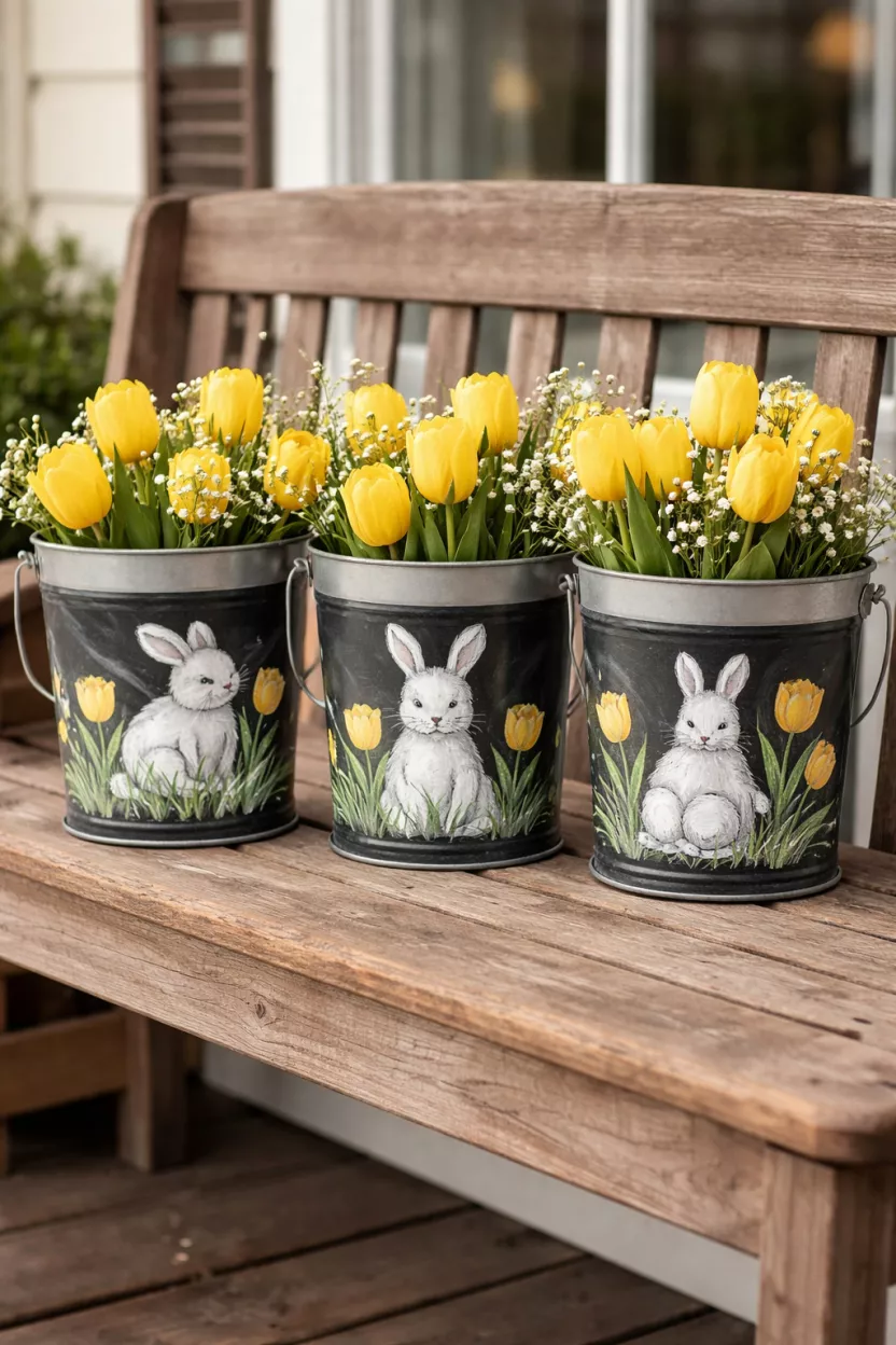 A realistic photo of three metal pails painted with black chalkboard paint, featuring chalk drawings of white bunnies and yellow tulips, sitting on a wooden porch bench.
