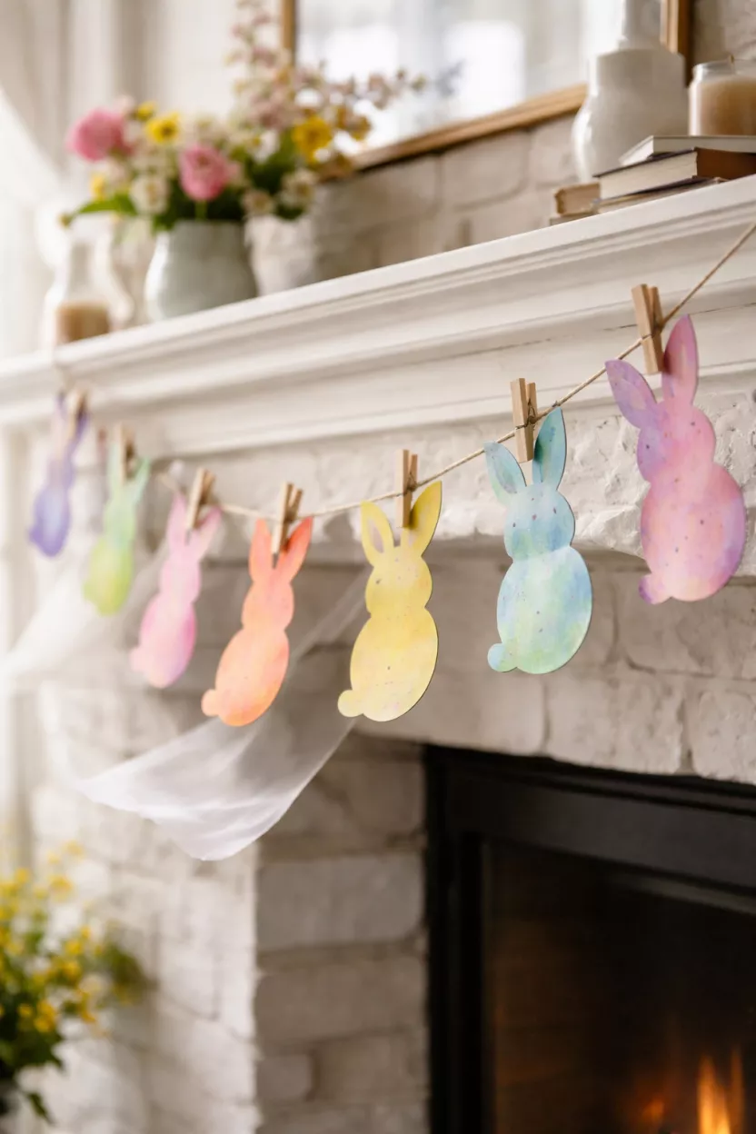 A realistic photo of a string of bunny shapes cut from colorful watercolor painted paper, hanging across a white stone fireplace mantel with a light breeze blowing.