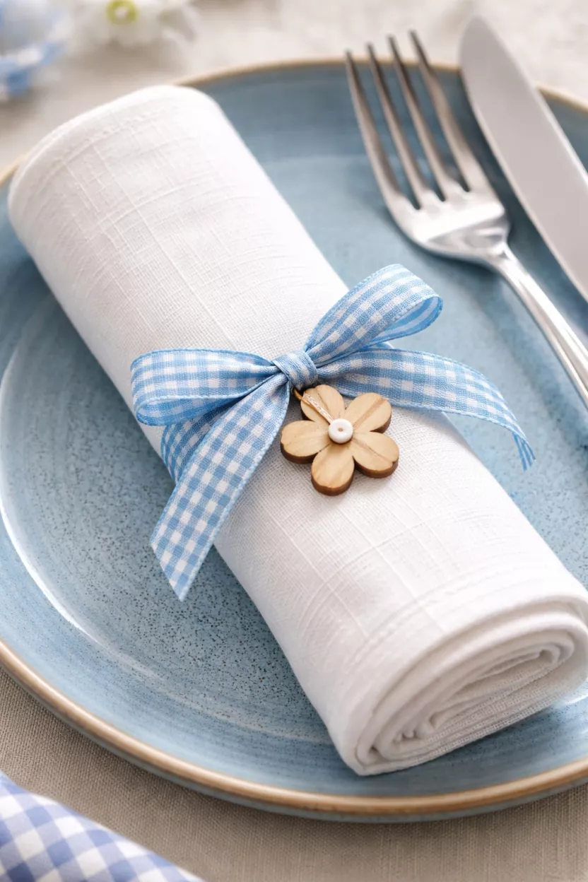 A realistic photo of a white linen napkin rolled tight and secured with a blue gingham ribbon tie and a small wooden flower charm, sitting on a blue ceramic plate with silver cutlery.