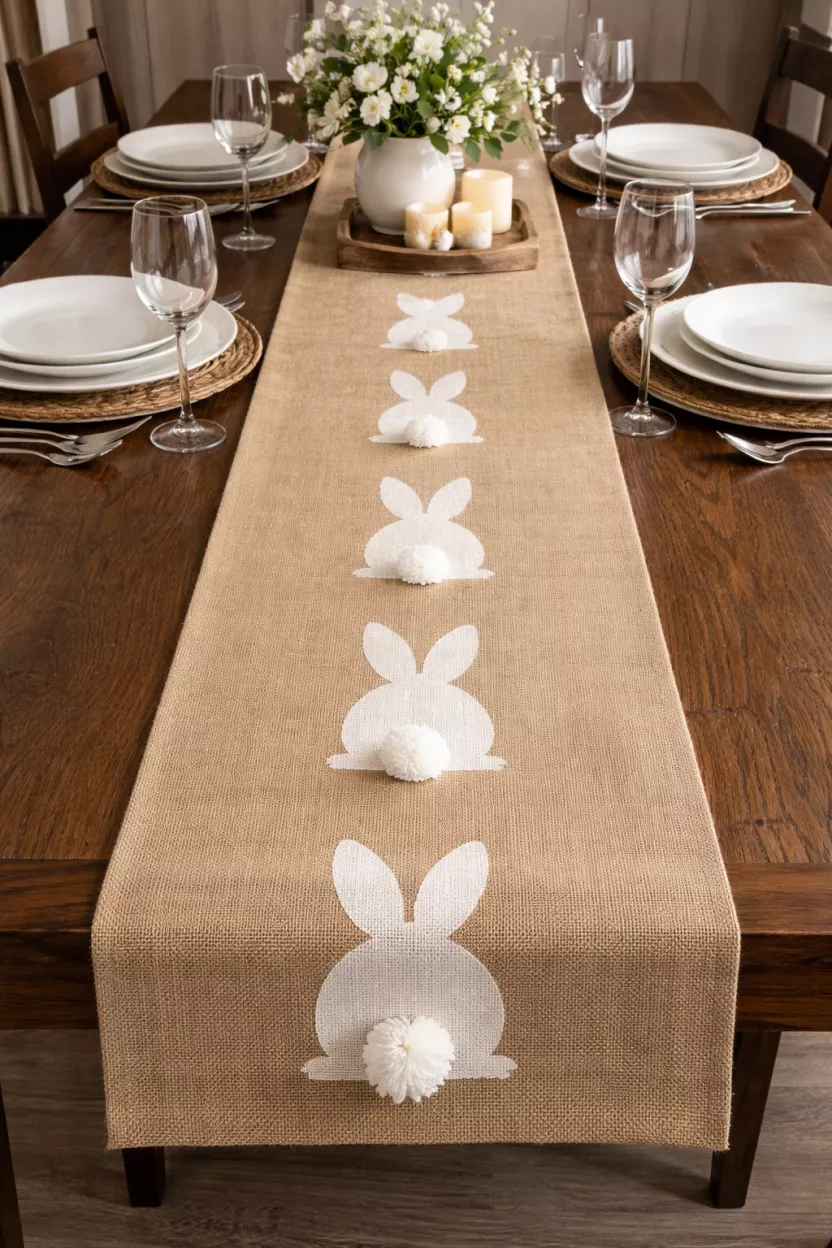 A realistic photo of a long tan burlap table runner featuring white stenciled bunny silhouettes and small white yarn pom pom tails, spread across a dark oak dining table set with white ceramic plates.