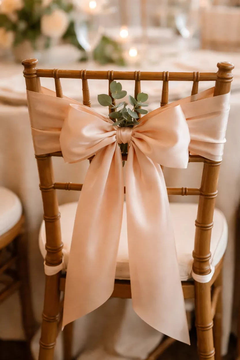 A realistic photo of a wooden dining chair with a wide satin peach ribbon tied into a large elegant bow around the backrest, featuring a small sprig of fresh green eucalyptus tucked into the knot.