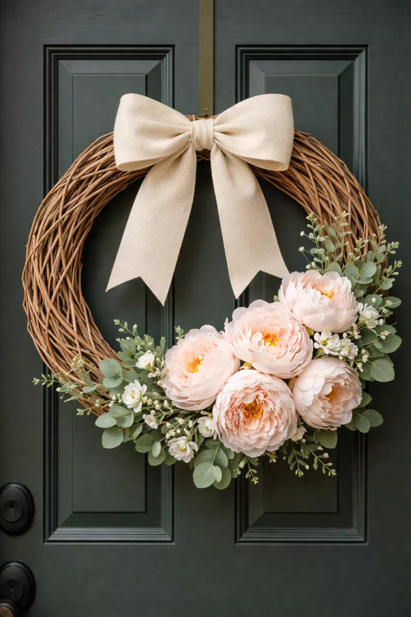 A realistic photo of a circular wreath made from light brown willow branches, decorated with a cluster of pale pink silk peonies and a large cream linen bow, hanging on a dark green front door.